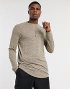 Asos Design Longline Long Sleeve T-shirt With Curved Hem In Inject Heather Fabric-brown