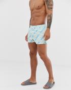 Asos Design Swim Short In Tonal Blue With Slogan Print Super Short Length