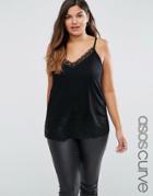 Asos Curve Cami In Rib With Lace Trim - Black