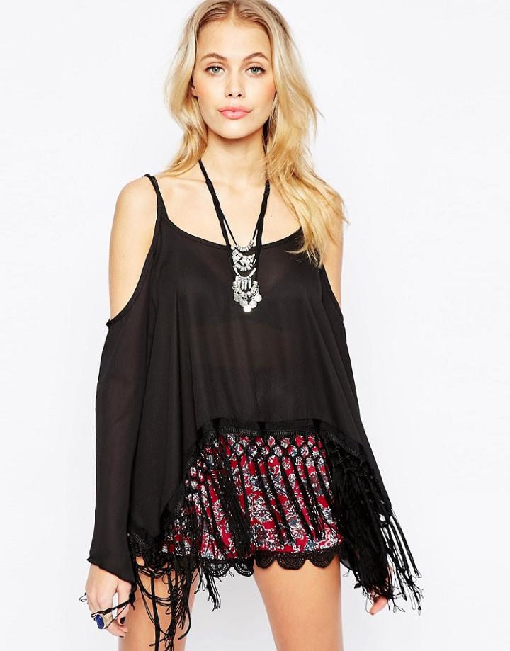 Kiss The Sky Almost Famous Top With Cold Shouder And Fringed Hem - Black