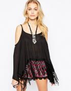 Kiss The Sky Almost Famous Top With Cold Shouder And Fringed Hem - Black