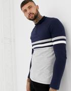 Asos Design Long Sleeve Polo Shirt With Contrast Body And Sleeve Panels In Navy/gray