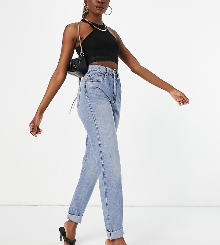 Asos Design Tall High Rise Slouchy Mom Jeans In Stonewash-blues