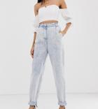 Asos Design Tall Tapered Boyfriend Jeans With Curved Seam In Bleach Acid Wash-blue