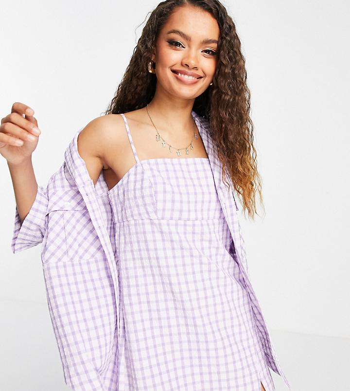 Topshop Petite Gingham Check Shirt In Lilac - Part Of A Set-purple