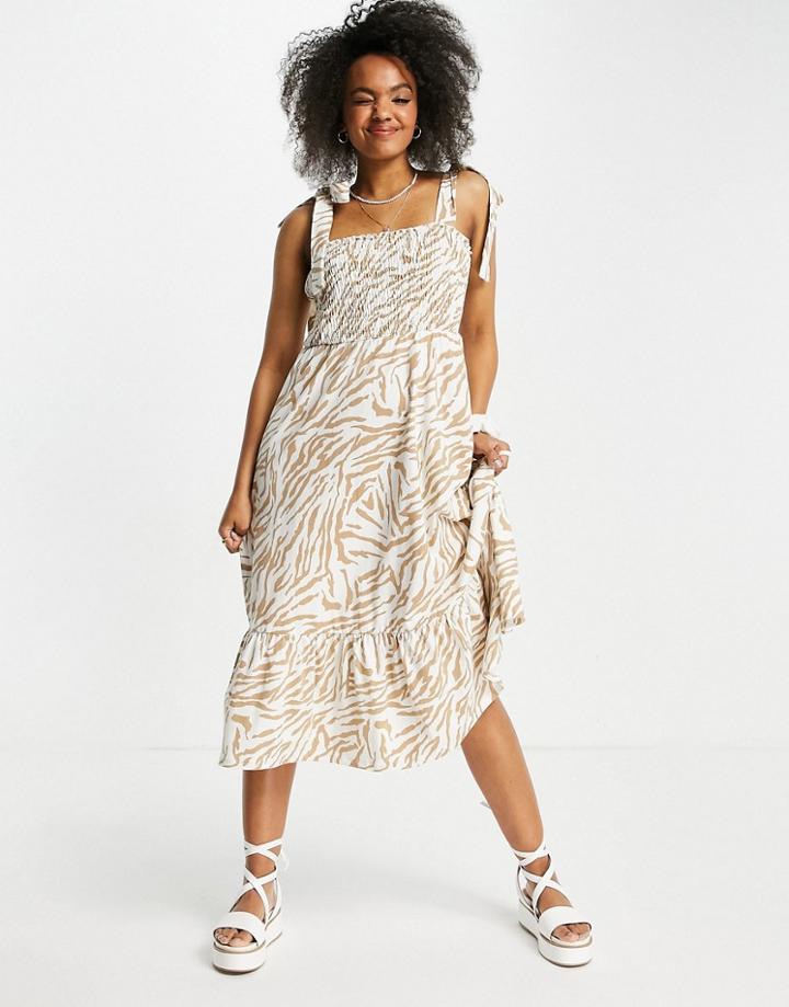 Asos Design Tie Strap Midi Dress With Tiered Hem In Cream And Brown Zebra Print