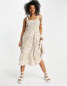 Asos Design Tie Strap Midi Dress With Tiered Hem In Cream And Brown Zebra Print