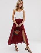 Asos Design Tie Front Midi Skirt With Lace Inserts And Splits - Red