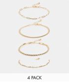 Asos Design Pack Of 4 Fine Chain Bracelets In Gold Tone