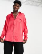 Asos Design Oversized Satin Shirt In Fuscia-pink