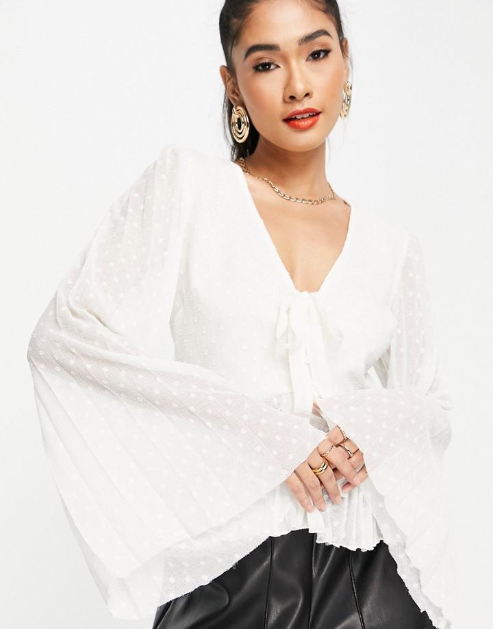 Asos Design Textured Pleated Peplum Shirt With Button And Tie Detail With Long Sleeve In Ivory-white