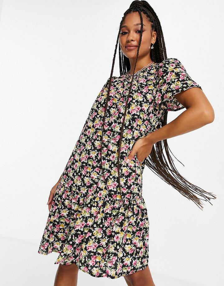 Only Tine Ditsy Print Mini Dress In Black-multi