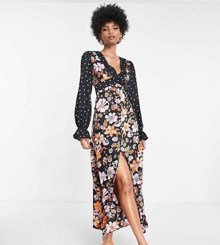 Asos Design Tall Open Back Midi Tea Dress In Mixed Floral And Spot-multi