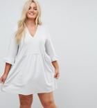 Asos Curve V Neck Smock Dress With Frill Cuff - Gray
