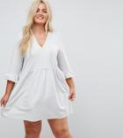 Asos Curve V Neck Smock Dress With Frill Cuff - Gray