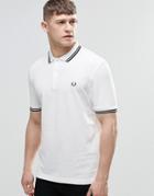 Fred Perry Polo Shirt With Twin Tip Slim Fit In White - White
