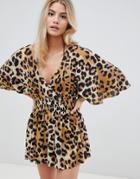 Asos Design Shirred Waist Plunge Beach Cover Up In Animal - Multi