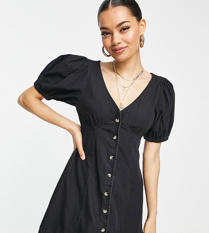 Asos Design Petite Soft Denim Seamed Mini Tea Dress In Washed Black