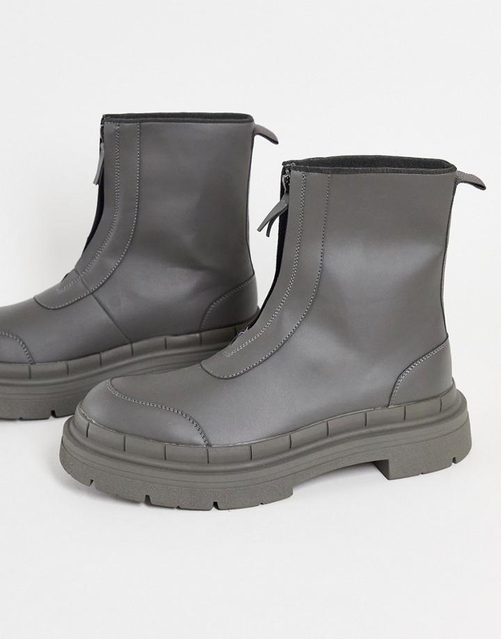 Asos Design Calf Boot With Zip Detail In Charcoal Faux Leather-gray