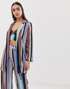 Asos Design Longline Belted Stripe Satin Pyjama Jacket - Multi