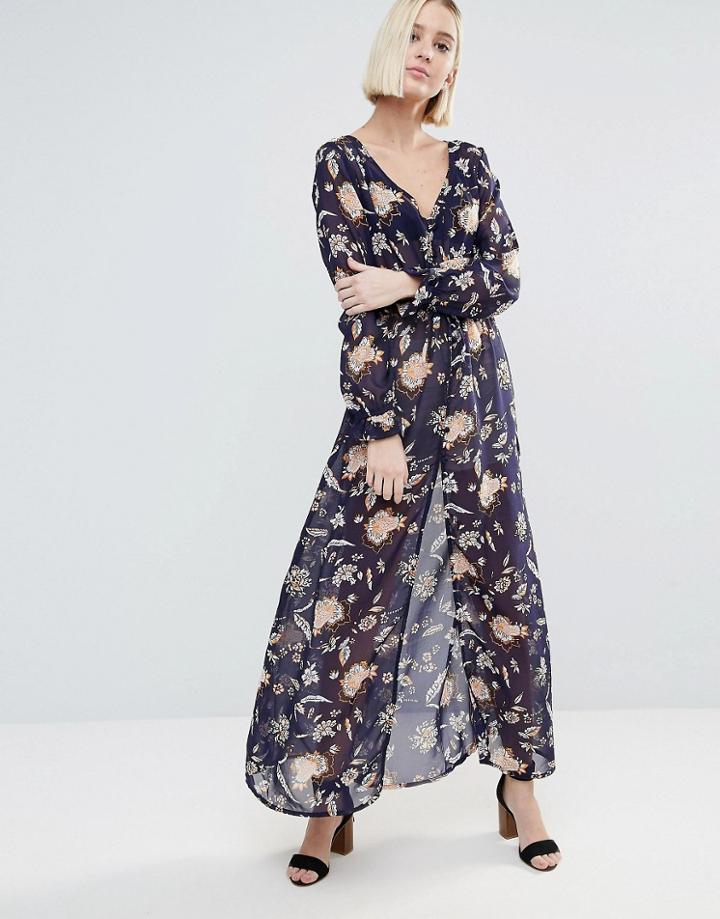 Brave Soul Long Sleeve Printed Dress With Slit - Multi