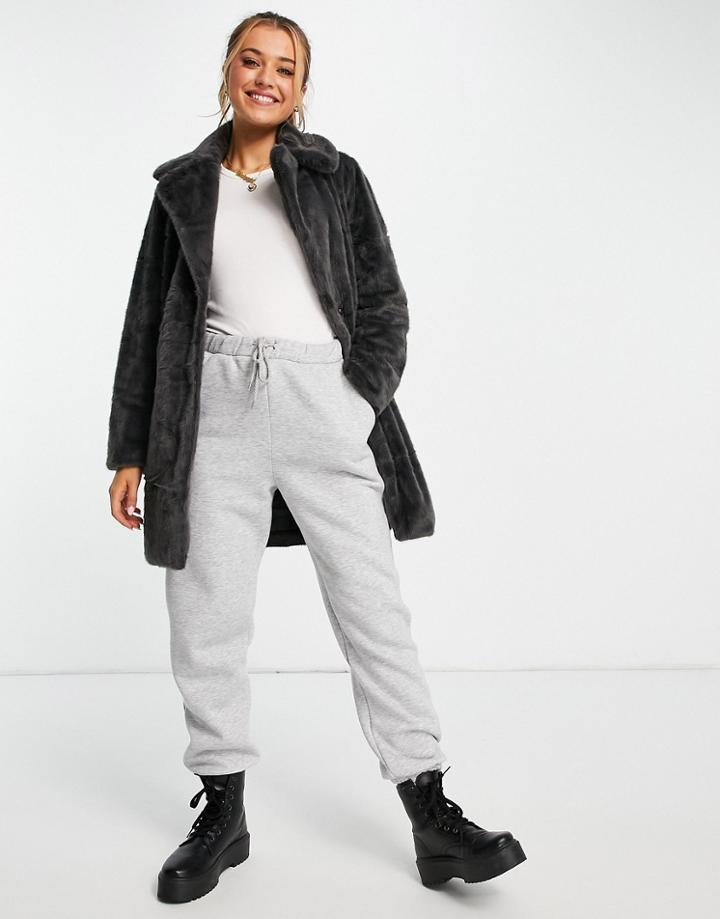 New Look Faux Fur Coat In Dark Gray-grey