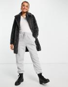 New Look Faux Fur Coat In Dark Gray-grey