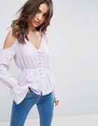 Asos Cold Shoulder Blouse With Shirring & Button Front - Purple