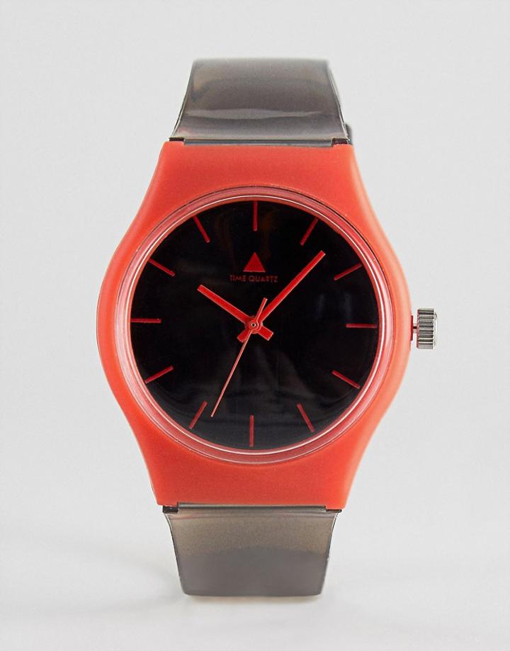 Asos Design Minimal Rubberised Watch With Contrast Red Details - Black