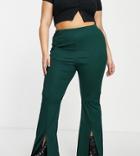 River Island Plus Split Front Rib Scuba Pant In Dark Green