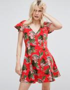 Asos Button Through Tea Dress In Tropical Print - Multi