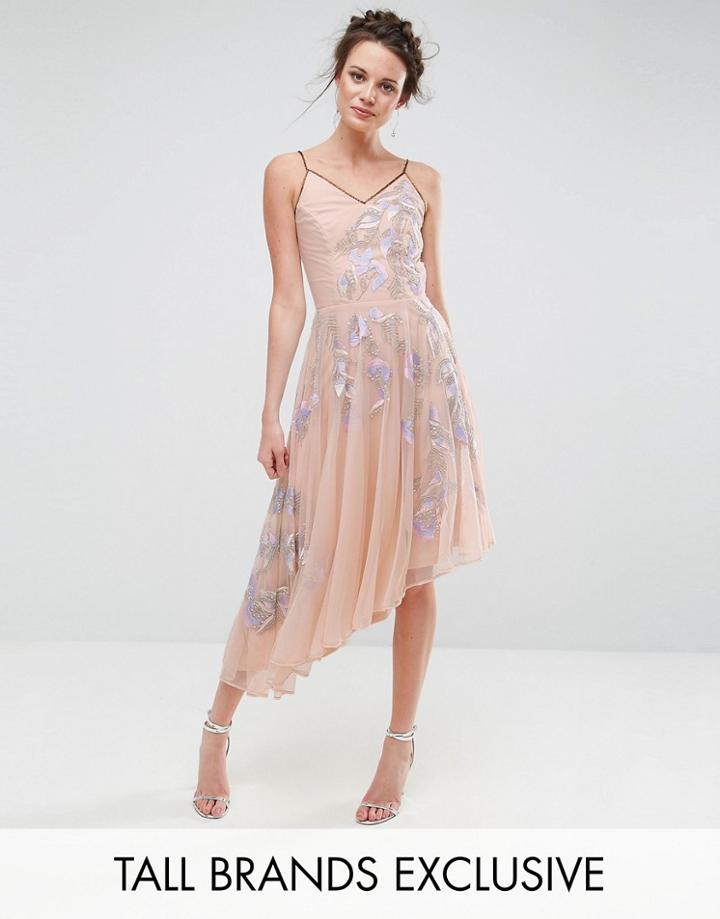Frock And Frill Tall Embroidered Cami Strap High Low Midi Dress With Plunge Back Detail - Purple