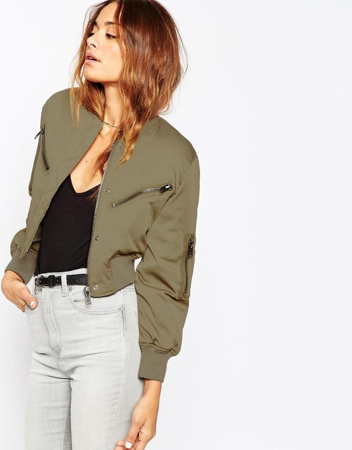 Asos Bomber Jacket In Cropped Length - Khaki