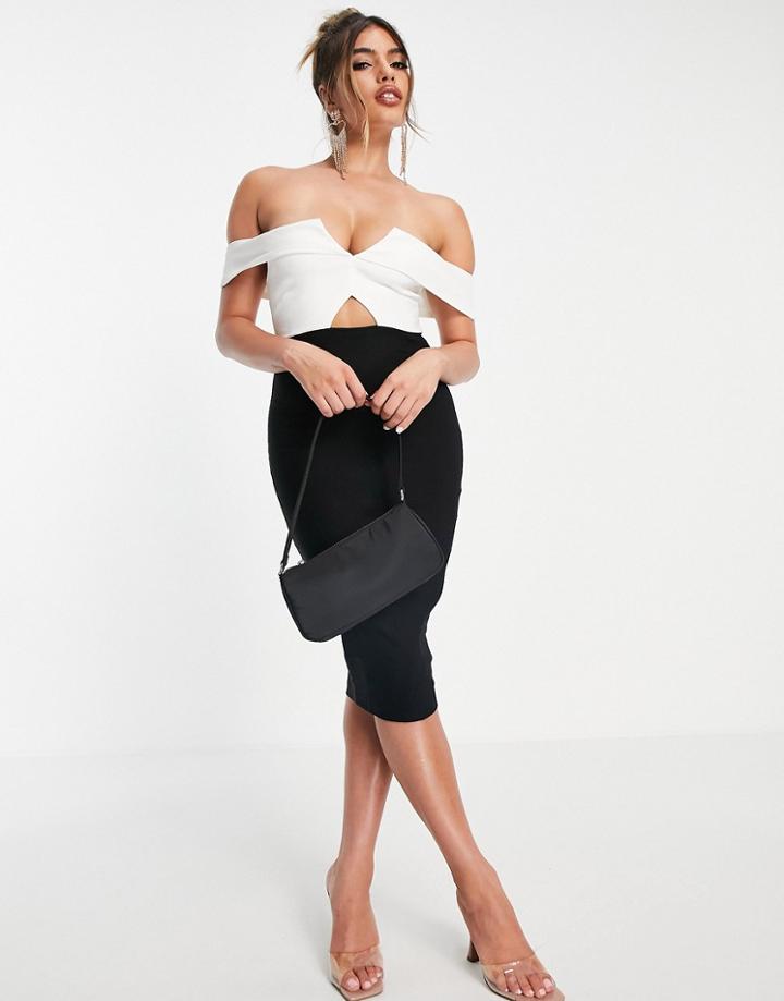 Vesper Bardot Midi Dress In Mono-multi