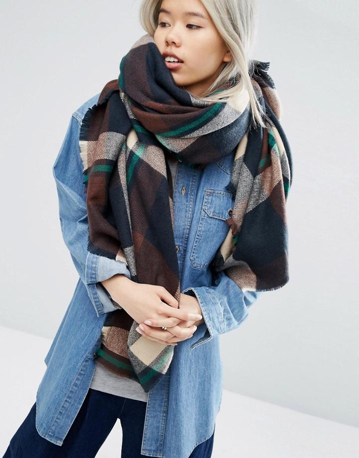 Asos Oversized Square Scarf In Brown Check Blown Up - Brown
