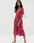 Qed London Floral Wrap Front Jumpsuit With Tie Sleeve Detail - Red