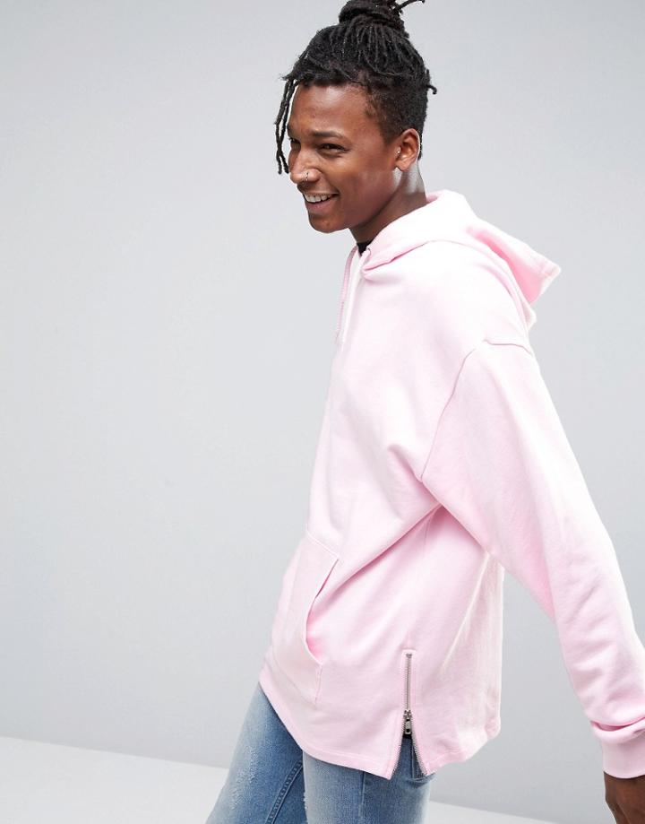 Asos Oversized Longline Hoodie With Side Zips In Pink - Pink