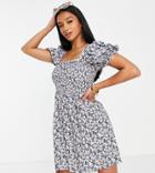 Missguided Petite Shirred Bust Mini Dress With Puff Sleeves In Blue