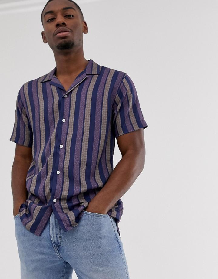 Selected Homme Short Sleeve Striped Revere Collar Shirt In Navy