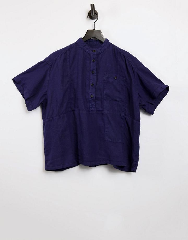 Kings Of Indigo Grandad Collar Cropped Boxy Shirt In Navy