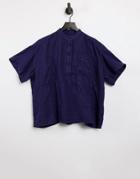 Kings Of Indigo Grandad Collar Cropped Boxy Shirt In Navy