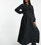 Asos Design Maternity Long Sleeve Shirred Midi Dress In Mono Spot Print-multi