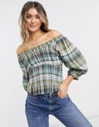 Free People Teagan Blouse With Volume Sleeve In Plaid-blues