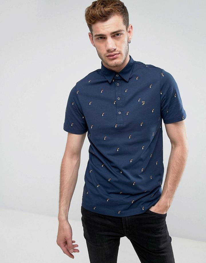 Farah Foliot Slim Fit Polo With Ditsy Print In Blue - Blue