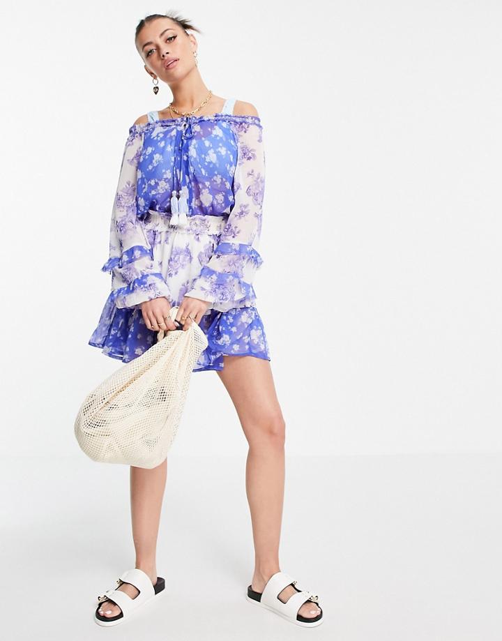 River Island Floral Print Smock Dress In Blue-blues