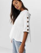 Asos Design Smock Top With Tortoishell Button Sleeve - White