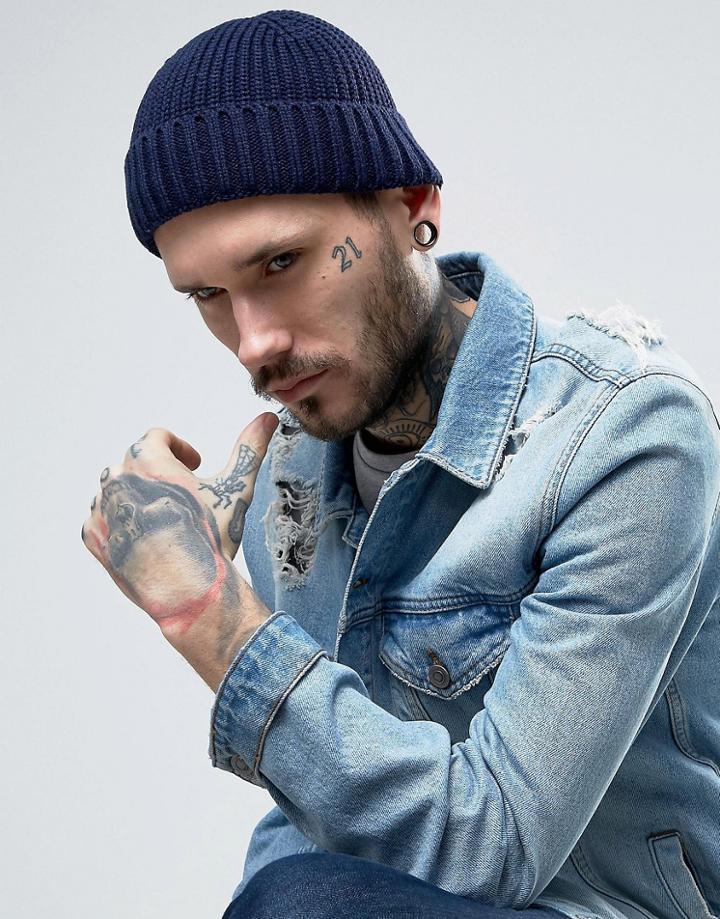 Asos Fisherman Beanie In Rib Knit Navy - Navy