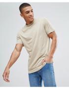 Asos Longline T-shirt With Layered Hem And Raw Edges In Beige - Beige
