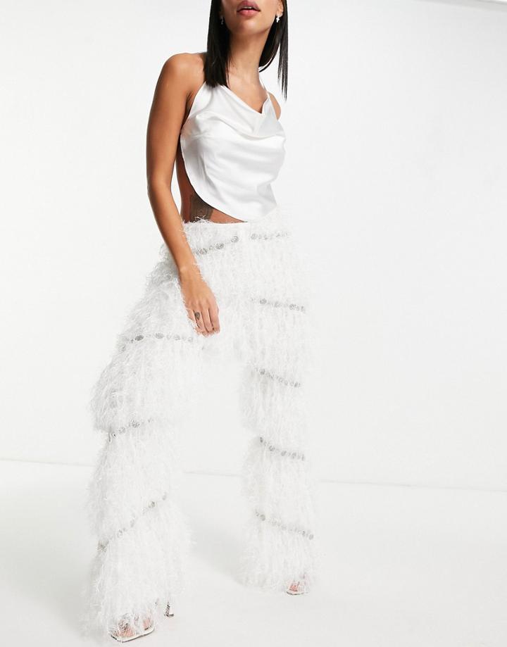 Asos Luxe Faux Feather Pants With Embellishment In White - Part Of A Set