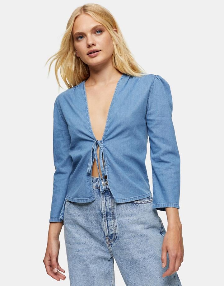 Topshop Tie Front Denim Blouse In Blue-blues